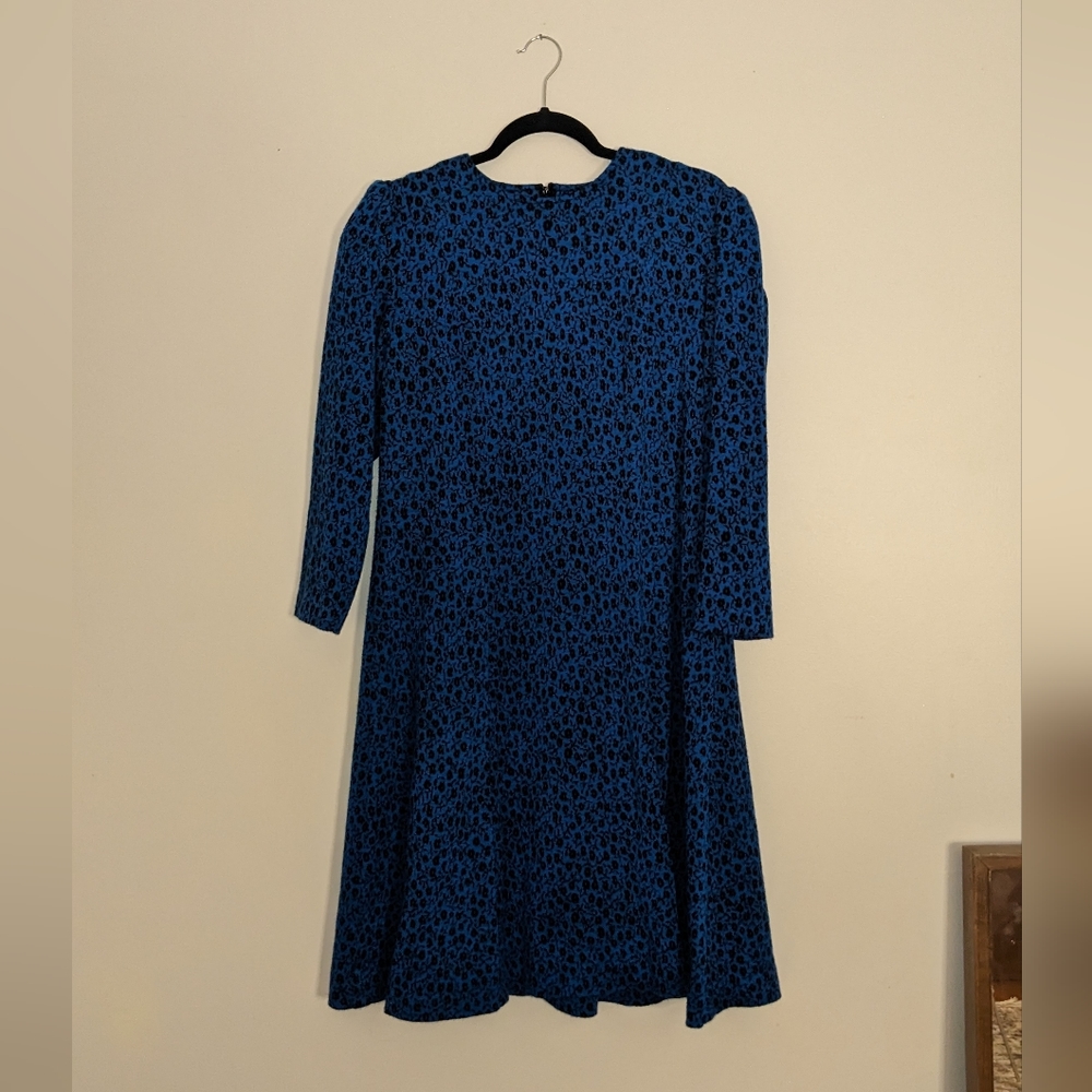 Vintage Marti Designs Blue and Black Mini Floral Long-Sleeve Midi Dress XL sz 14